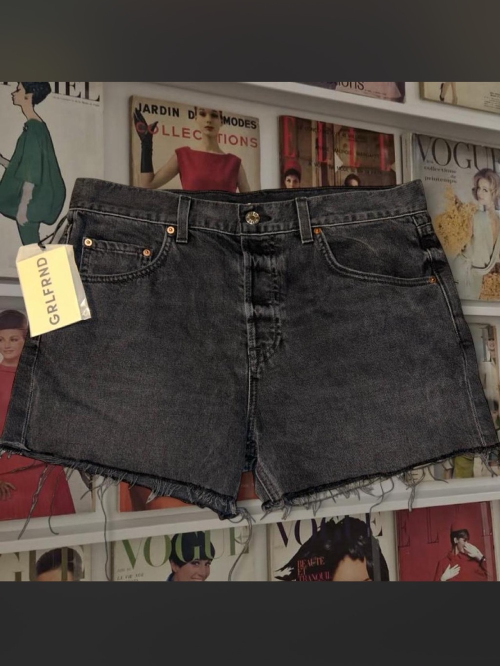 NWT Revolve GRLFRND black denim High Waisted shorts with frayed hem Size 26